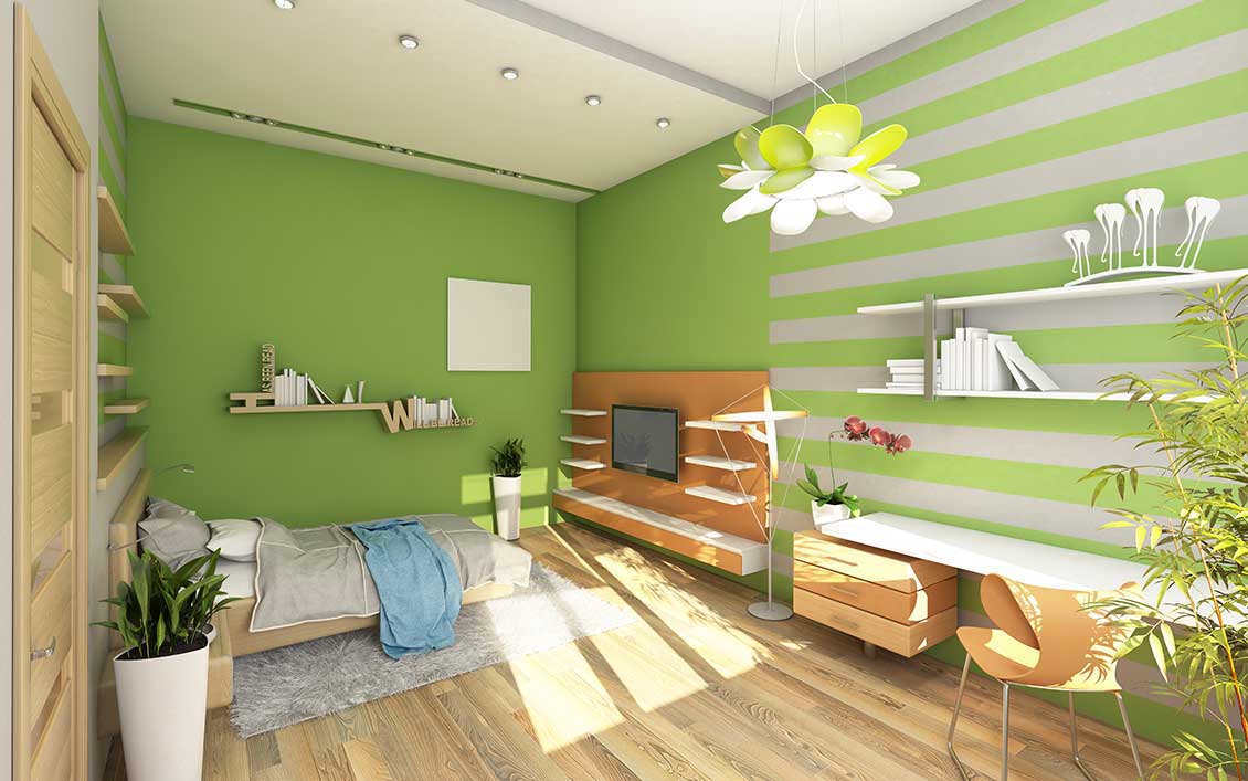 Meble w pokoju studenckim: łóżko, półki, krzesło, biurko. Dominują zieleń i naturalny kolor drewna.