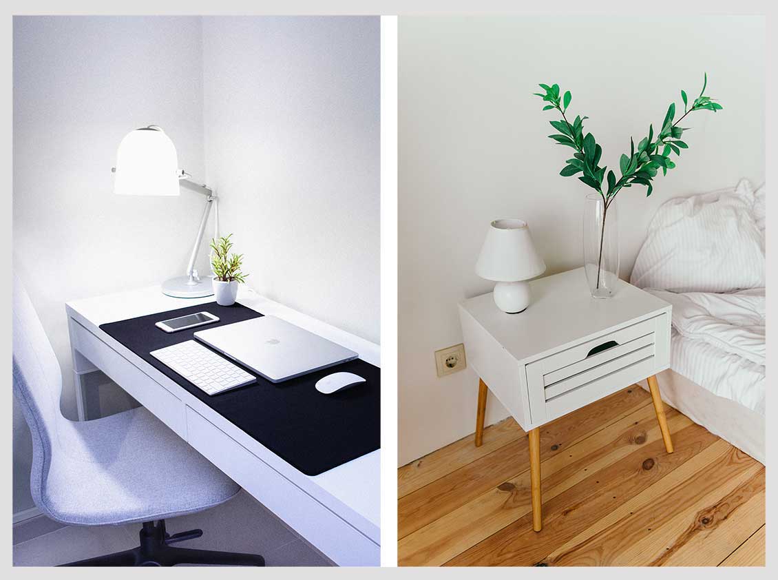 Kolaż dwóch zdjęć: na jednym z nich biurko z krzesłem i lampką, na drugim stojąca przy łóżku drewniana szafka nocna z lampką rośliną w wazonie