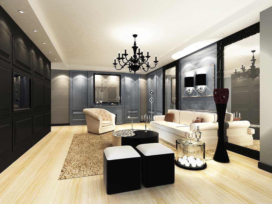 Luksusowe, stylowe meble na wymiar do apartamentów - ekskluzywna czarno - biała aranżacja z zabudowanymi ścianami, dużymi lustrami i wygodną sofą i fotelem.
