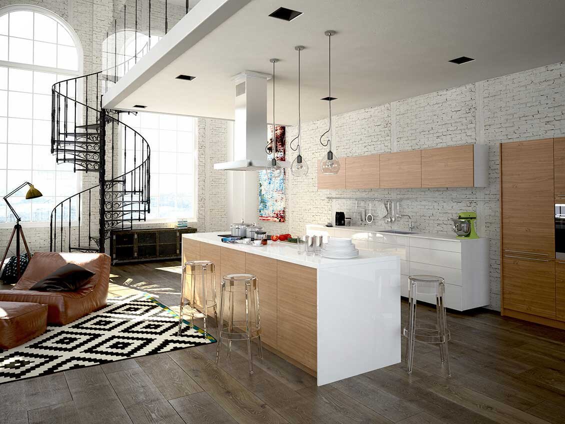 Nowoczesne wyposażenie apartamentów: jasnobrązowe i białe meble kuchenne na wymiar oraz schody na antresolę apartamentu.
