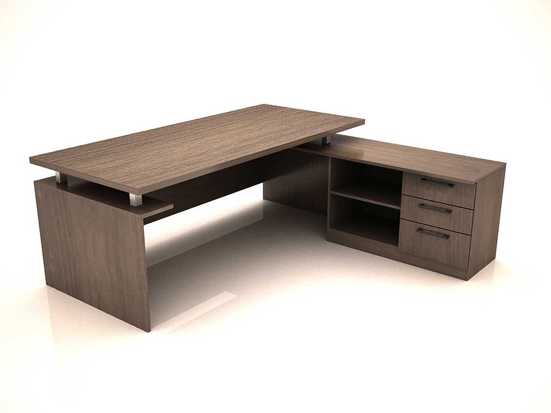 Duże biurko dyrektora w kolorze drewna. Biurko narożne z szufladami, do wykonania jako mebel drewniany lub z MDF.