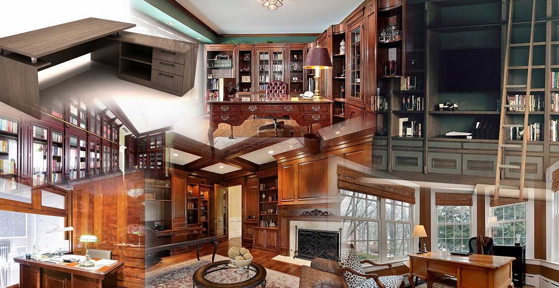 Kolaż siedmiu zdjęć luksusowych mebli do gabinetu: biblioteczki, biurka prezesa / dyrektora, fotele.